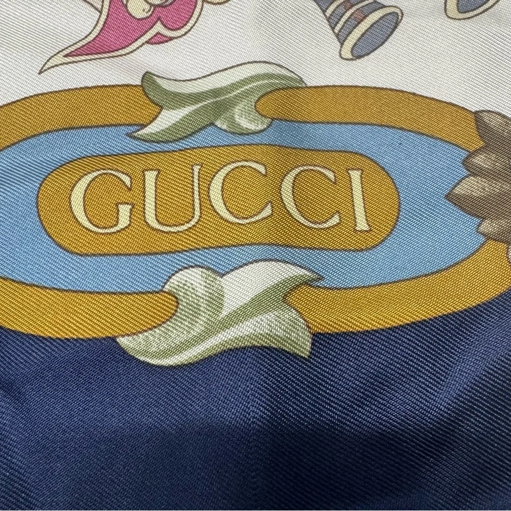 Gucci Navy Cream Silk Scarf with Floral Baroque Design